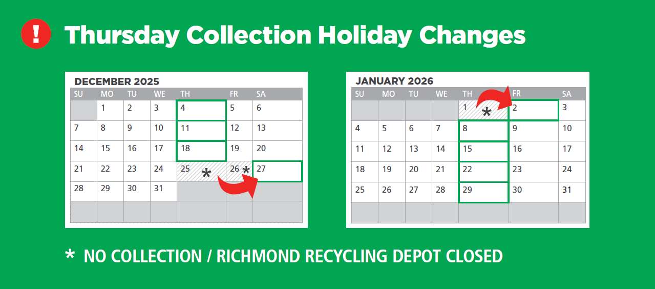 calendar showing changes to pick-up for christmas 2025