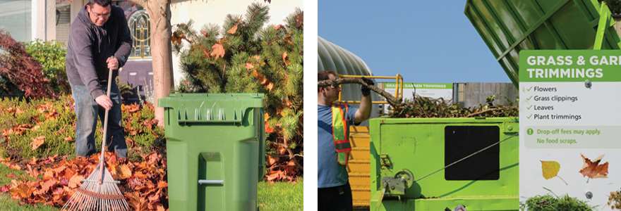 Photo of man putting leaves into a green cart and photo of yard trimmings section at Richmond Recycling Depot