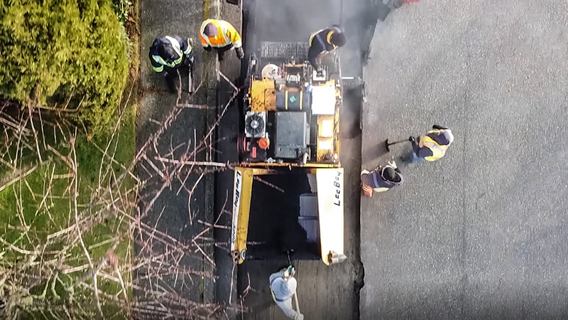 Aerial view of recycling paving in progress