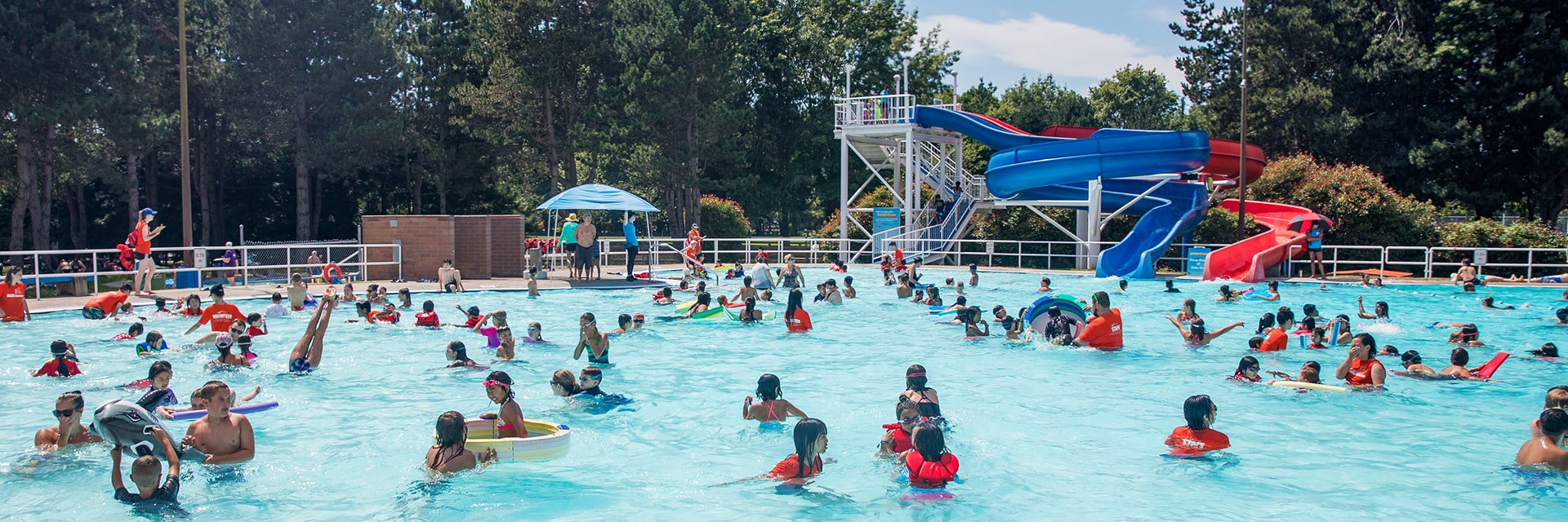 Public swim at South Arm Outdoor Pool on a sunny summer day