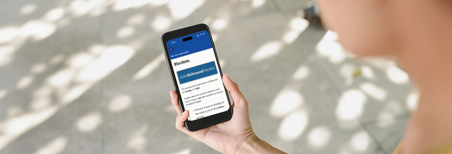 View of someone holding a phone, showing the election app