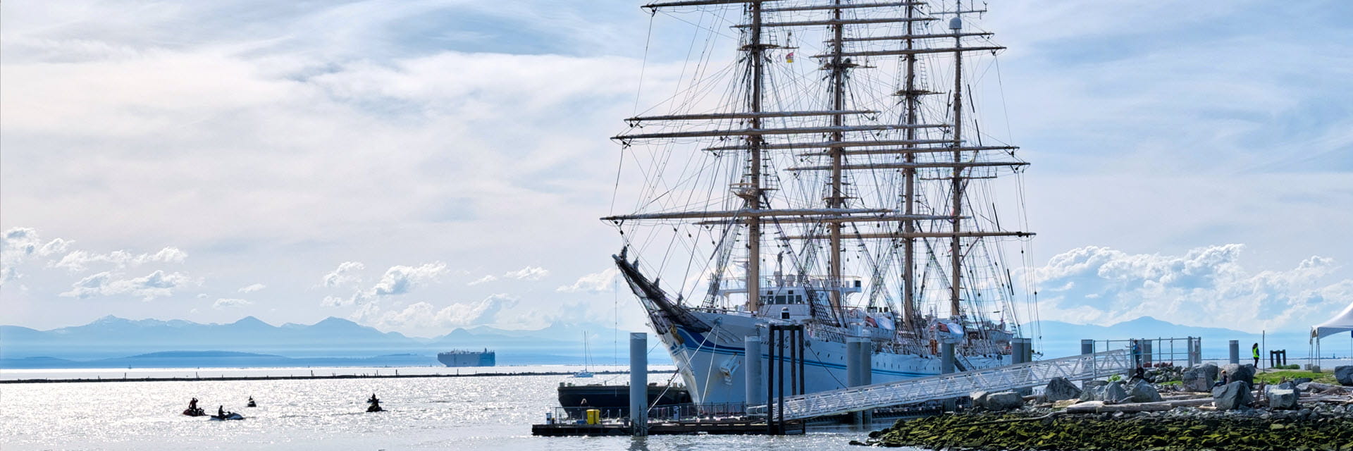 View of a ship docked in the Steveston Marina