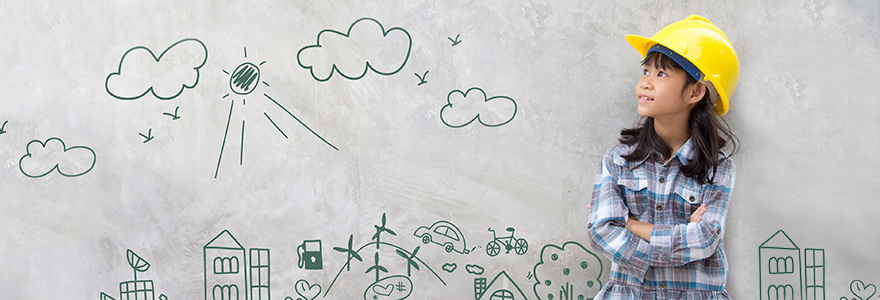 Girl wearing construction hat on hand drawn city background