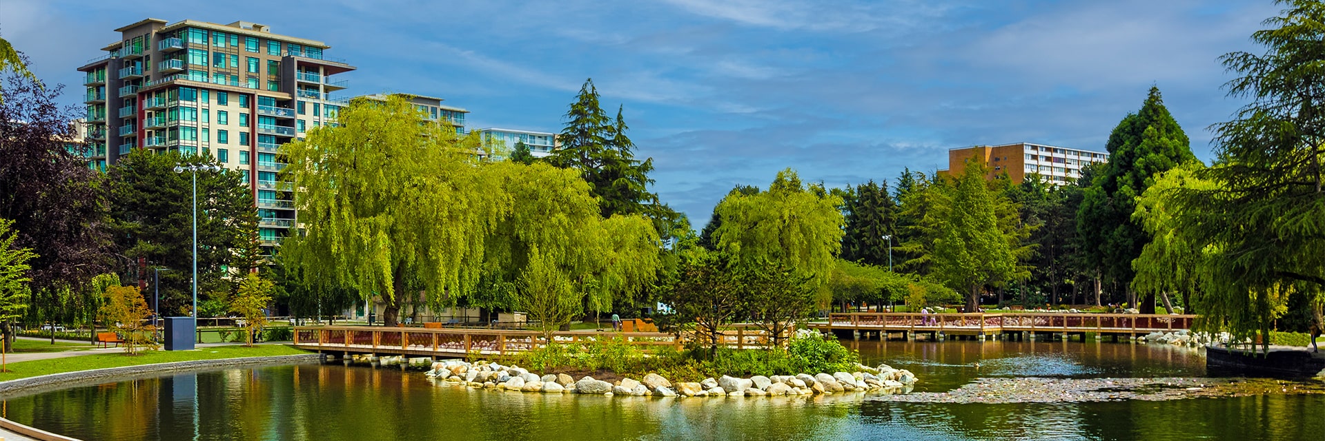 View of the lakes, paths, bridges and trees in the Minoru Lakes District