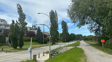 A scenic view of Richmond's North Dike featuring a road, pedestrian crossing and greenery along the dike path.