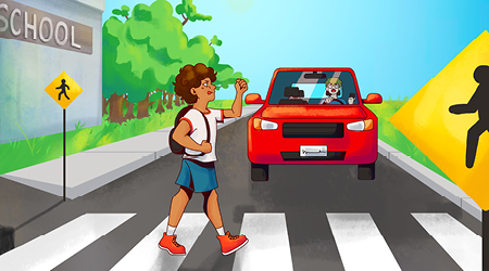 Illustration of a boy crossing a city street.