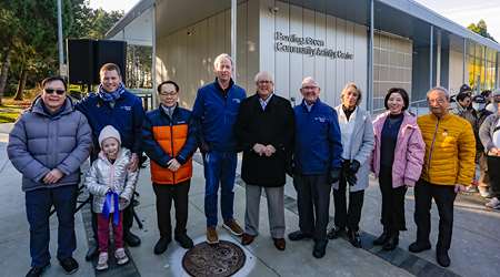 Opening of Bowling Green (L to R): Kion Wong, Richmond Lawn Bowling Club President; Councillors Michael Wolfe; Chak Au; Andy Hobbs; Mayor Malcom Brodie; Councillors Bill McNulty; Alexa Loo; Crystal Don, City Centre Community Association Board Secretary; I