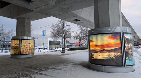 Two art columns located on No. 3 Road at Lansdown Centre