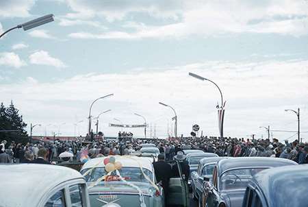 Colour photo of the official opening of the Oak Street Bridge in 1957