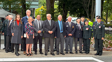 Guests join Mayor Brodie and Councillors at Richmond’s Veterans Commemorative Crosswalk dedication event.