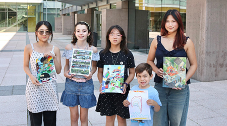 From left to right: Elina Khong, Carys Braverman, Emily Du, Leif Ferguson, Maggie Pi, with their winning submissions